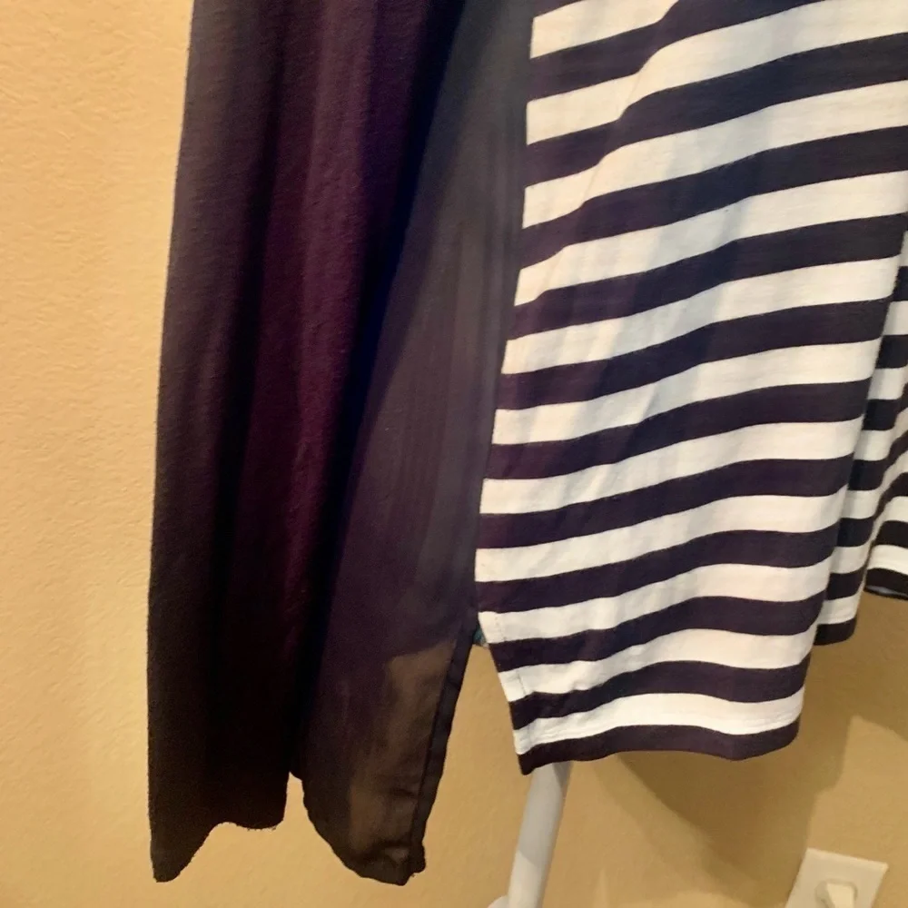 MK Michael Kors Tunic Top Small Navy Blue White Striped Front Sheer Back